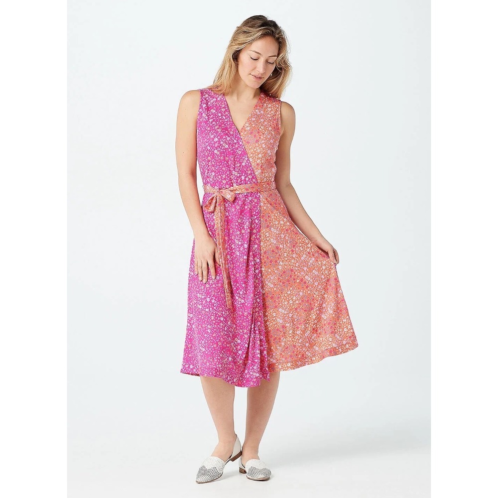NWOT Isaac Mizrahi Live Ditsy Floral Colorblock Wrap Dress Sleeveless Stretch M